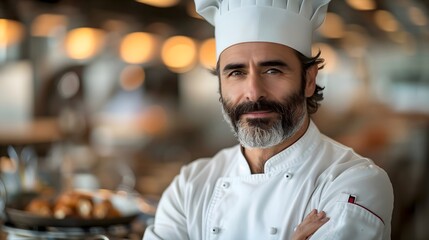  a chef standing confidently, suitable for a banner style layout
