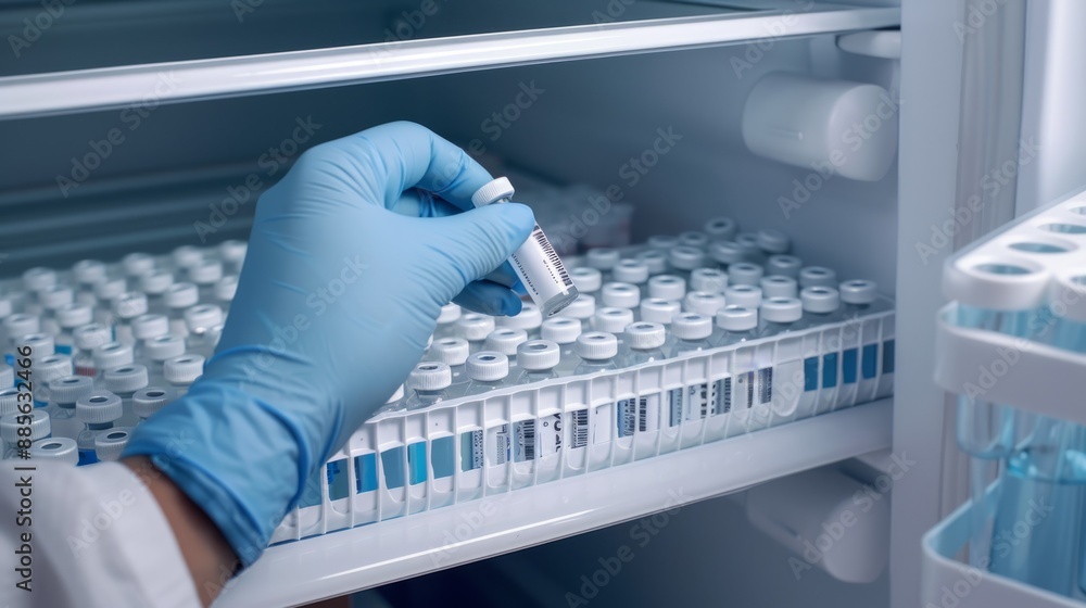 Poster A gloved hand reaches into a refrigerated storage unit and carefully removes a single vial from a row of many