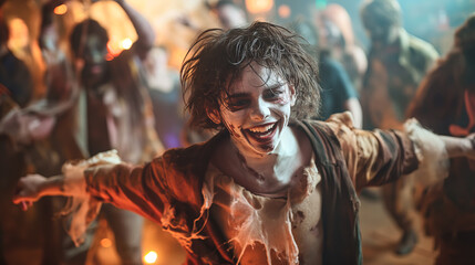 Joyful Zombie Character Celebrating at a Halloween Costume Party
