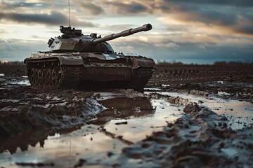 World War conflict concept with a tank navigating through mud