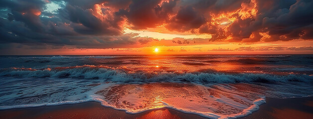 wide panoramic cover photo background banner scenery of evening sun dawn from coastal beach with bright sun and golden color clouds 