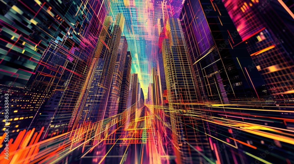 Poster abstract cityscape with colorful neon lights and grid pattern