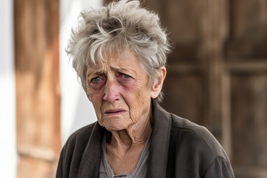 Sad crying Caucasian bruising senior woman portrait on grey background. Middle age gray hair female alcoholic looking desperate and frustrated, stressed, unhappy and annoyed, ready to shouting