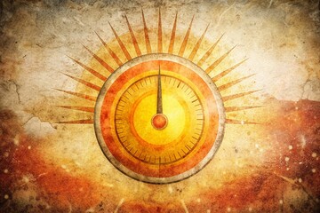 Fototapeta premium Vintage sun thermometer against distressed grunge texture with fiery hot temperature reading, conveying sweltering heat and summer vibes.