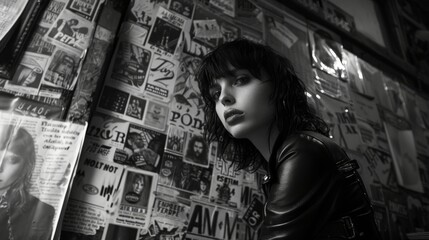 Punk, goth rock girl posing in a dim hallway. Walls covered in band posters, covers, ads. Dressed in a leather jacket and dark make-up. Fashion. Style. Dramatic. Black and white.