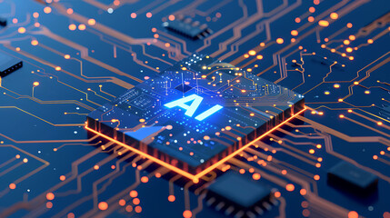 powerful computer processor microchip with the word representing artificial intelligence, AI technology, artificial intelligence, super computer, futuristic technology, network, cyber
