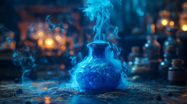 a fantasy bottle of magic potion elixir with blue cloud emerging inside