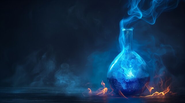 a fantasy bottle of magic potion elixir with blue cloud emerging inside