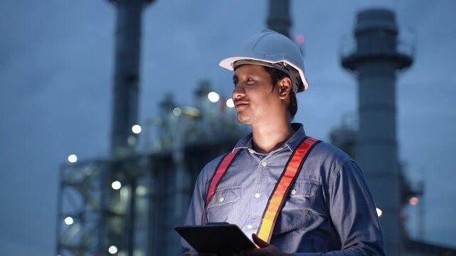 Planning engineering  with Hard Hat using digital tablet working at Industrial Site on power plant at night time.
