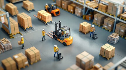 Warehouse workers operating forklifts and organizing packages on shelves, ensuring efficient logistics and inventory management.