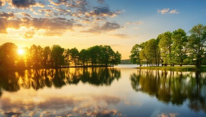 lake with trees at sunset on a beautiful summer evening