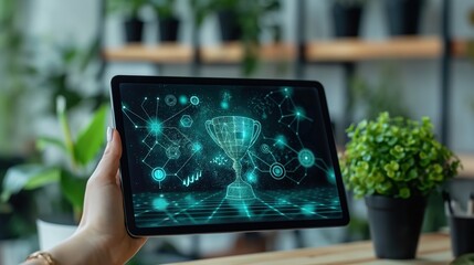 Hands Holding Tablet with Digital Award Interface