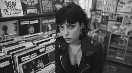 Punk, goth rock girl browsing through vinyl records in a punk music store. Dressed in a leather jacket and dark make-up. Fashion. Style. Black and white.