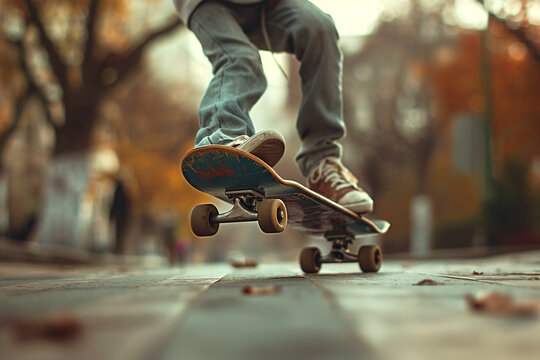 Youth performs a kickflip on skateboard in an urban street, wearing jeans and sneakers in autumn