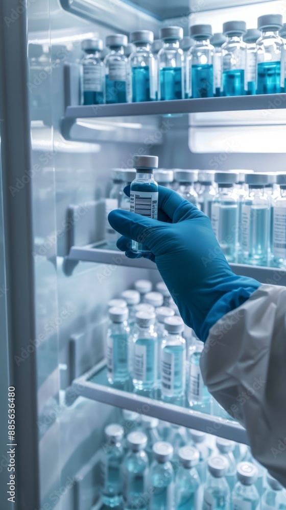 Poster a gloved hand reaches into a refrigerated unit and carefully removes a single vial from a shelf fill