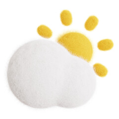 Sun in cloud isolated. Weather forecast icon. Climate elements. 3D Wool felt style illustration. 