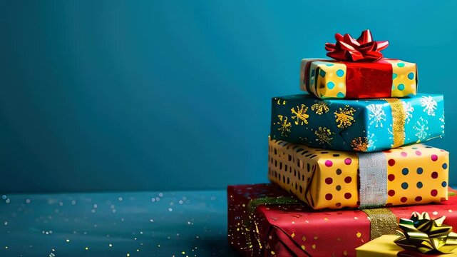 Colorful, wrapped gift boxes with bows stacked on blue background