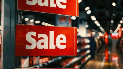 Red Sale Sign Hanging In A Busy Retail Store