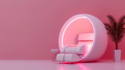 A high-tech relaxation pod with robotic massage features and neon-infused relaxation sounds