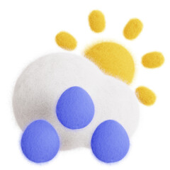 Sun in cloud with raindrops isolated. Weather forecast icon. Climate elements. 3D Wool felt style illustration. 
