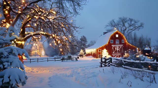 Snowy evening with festive lights on rustic barn and trees, creating cozy winter scene