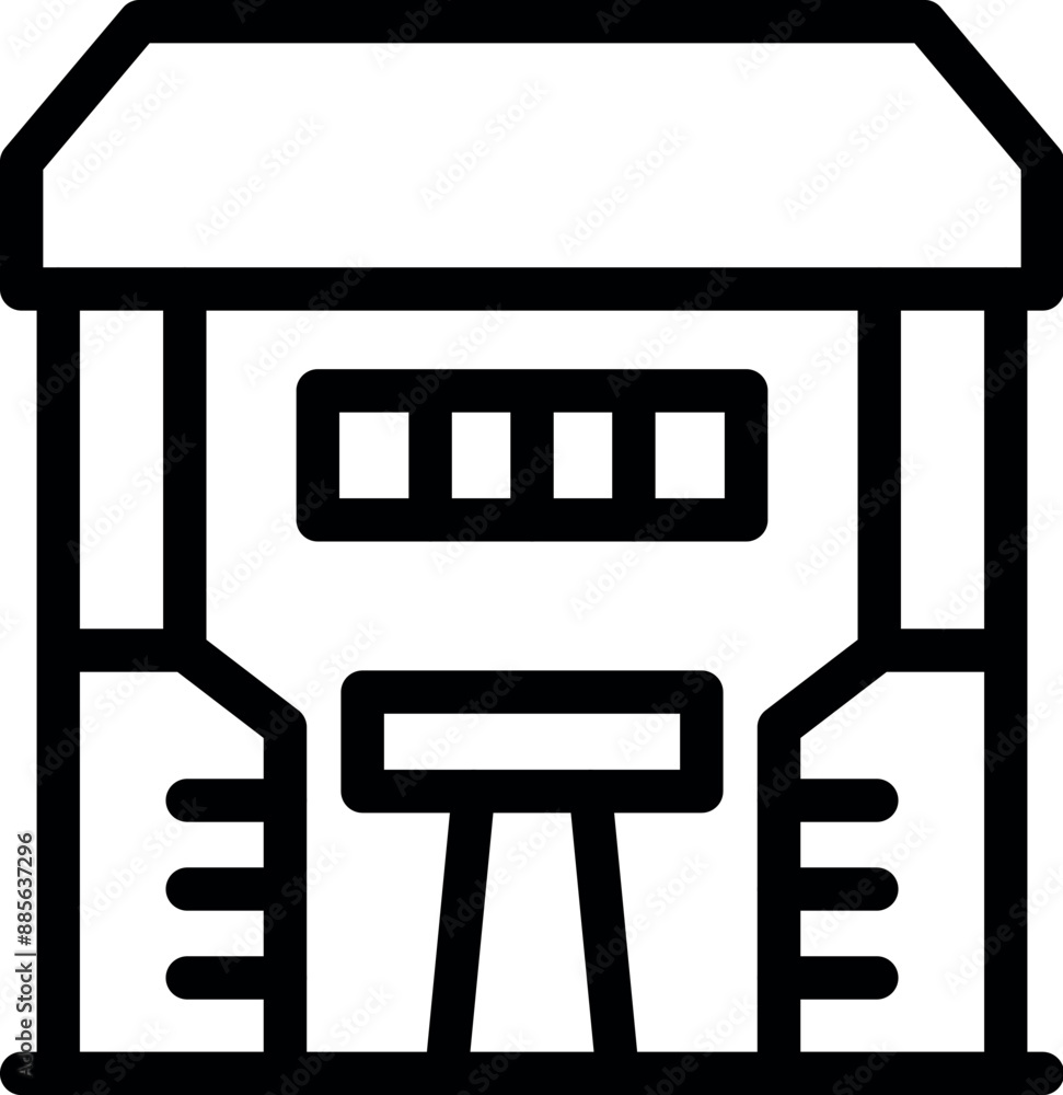 Poster line art icon of a data center building, emphasizing its role in hosting servers and network infrast