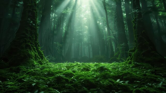 In a supernatural scene, biomass energy is produced by enchanted forests, where plants and organic matter are transformed into powerful, magical fuel