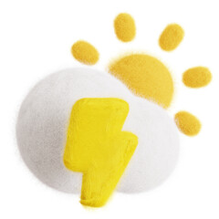 Sun in cloud with lightning bolt isolated. Weather forecast icon. Climate elements. 3D Wool felt style illustration. 