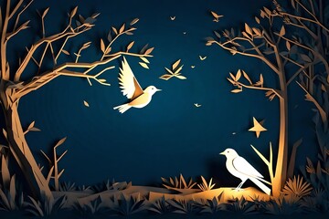 Obraz premium Paper art carve to bird on tree branch in forest at night, origami concept nature and animals idea, vector art and illustration.