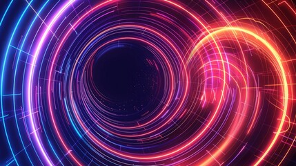 Obraz premium A dynamic neon wave illustration with circular paths of intersecting, luminescent lines creating an eye-catching visual pattern.
