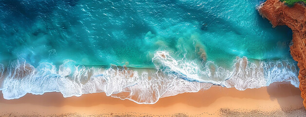 wide drone view photo of a beach shore with water sand and coastal area trees border 