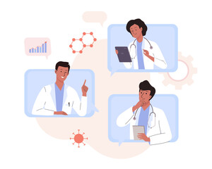 Doctors online video conference meeting. Medical staff team wearing professional uniform discuss medicine, scientific researches and patient cares
