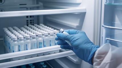 A gloved hand reaches into a refrigerated storage unit, carefully extracting a vial from a shelf filled with similar containers