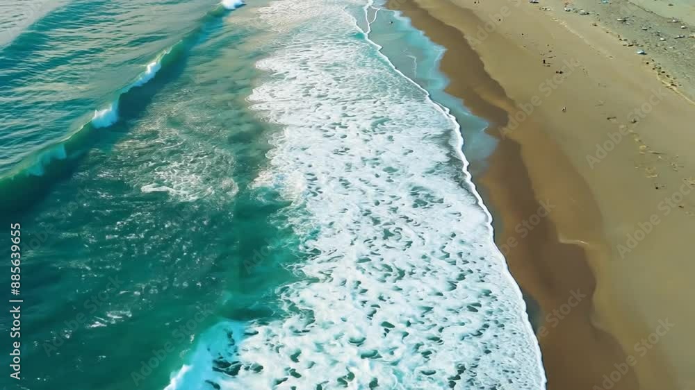 Poster aerial view of waves crashing on a golden beach generative ai