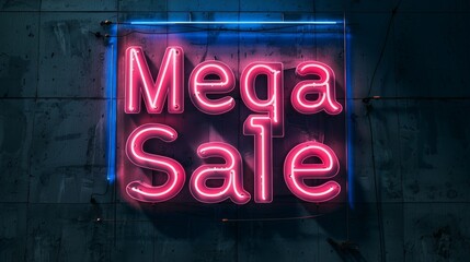 Fototapeta premium Pink Neon Mega Sale Sign on Concrete Wall at Night