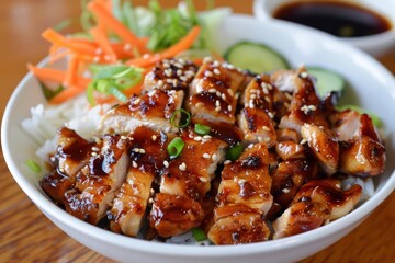 Teriyaki chicken features tender chicken pieces glazed in a sweet and savory soybased sauce