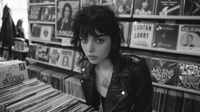 Punk, goth rock girl browsing through vinyl records in a punk music store. Dressed in a leather jacket and dark make-up. Fashion. Style. Black and white.