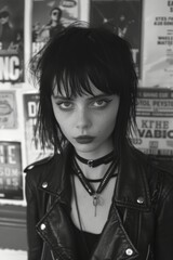 Punk, goth rock girl standing in a vinyl record music store. Dressed in a leather jacket and dark make-up. Fashion. Style. Black and white.