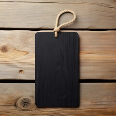 black blank tag with rope on wooden background for product label, rope