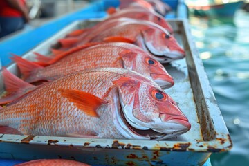 Freshly caught red snapper fish displayed on a tray by the water, ready for market sale.