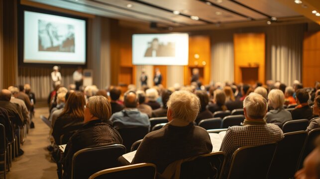 Audience attentively listens to speakers in a conference hall, with presentations projected on screens and a warm, professional atmosphere.