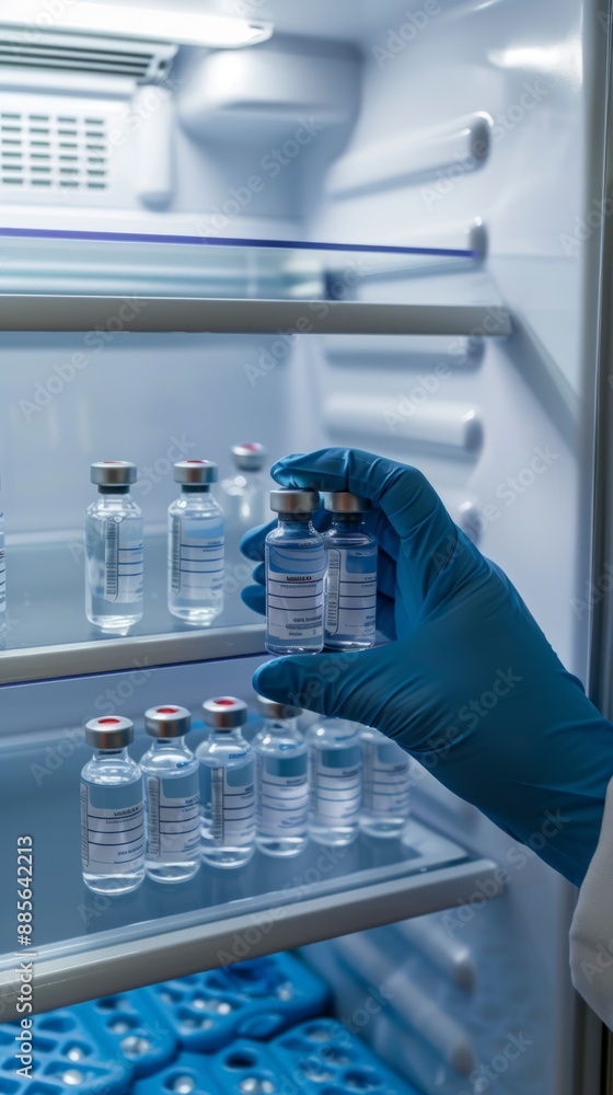 Poster a gloved hand reaches into a refrigerator and retrieves two vials of liquid. several other vials can