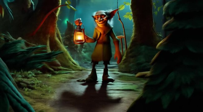 A gnome is holding a lantern in a forest. Scene is lighthearted and whimsical