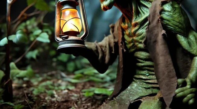 A green goblin holding a lantern in a dark forest. The lantern is lit, casting a warm glow on the goblin's face. The scene has a spooky and mysterious mood, with the goblin's eerie appearance
