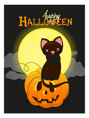 Halloween party posters with black cat sitting on a carved pumpkin. Vector illustration. Art for poster, card, wall art, banner background