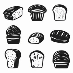 Bread loaves icon, bakery products set, flat minimal pastry collection, baked buns, baguettes symbols