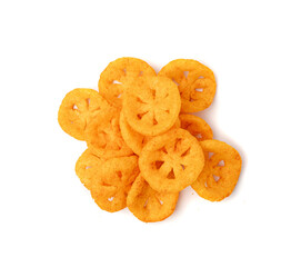 Corn puff snack isolated, crunchy cereal nosh, crispy yellow rice breakfast with paprika