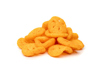 Corn puff snack isolated, crunchy cereal nosh, crispy yellow rice breakfast with paprika