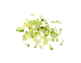 Cucumber cut isolated, cucumber slices macro, green vegetable cuts for salad isolated, healthy fresh pieces