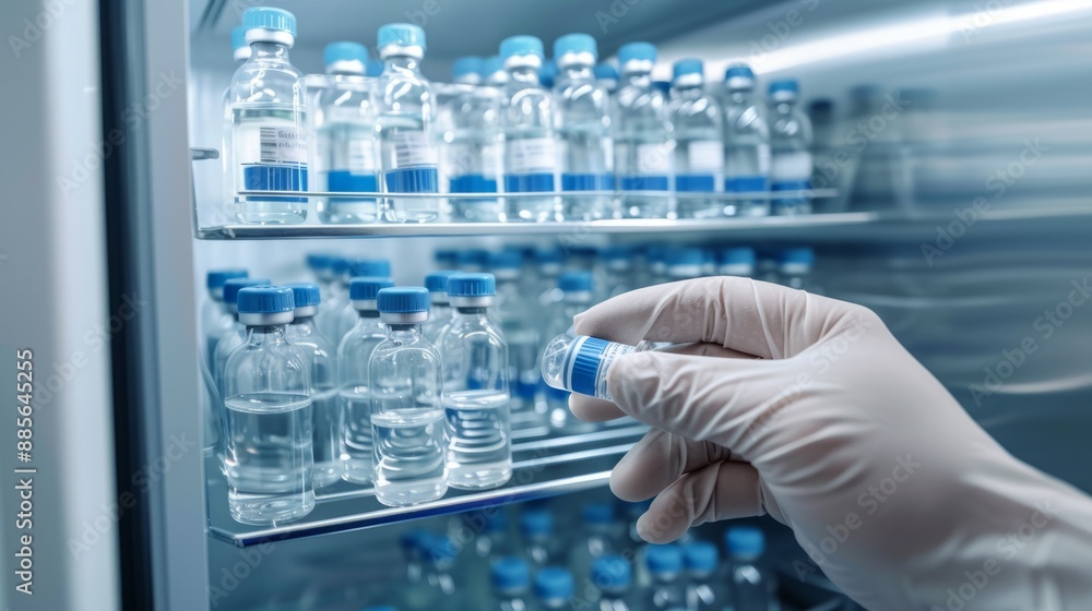 Poster a gloved hand reaches into a refrigerator, carefully selecting a single vial from a shelf lined with
